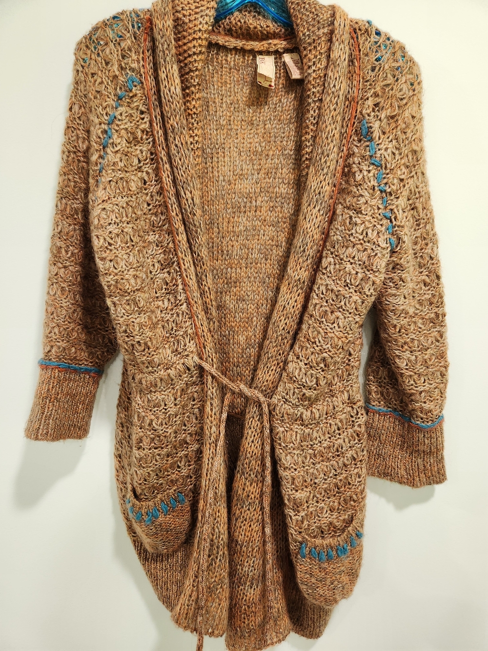 BKE Camel Knit Open-Front Cardigan with Teal Accents